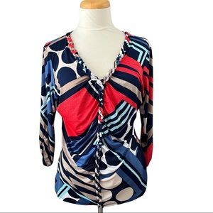 Style & Co. Petite Top Shirt Mixed Print Multi Color Braided Ruched Abst…